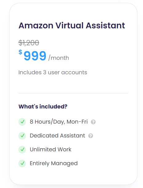 Wing's Amazon Virtual Assistant package for 8 hours a day and 3 user accounts - $999 per month