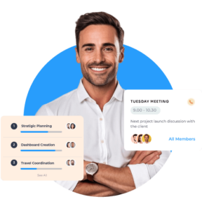 A virtual executive assistant standing with his arms crossed